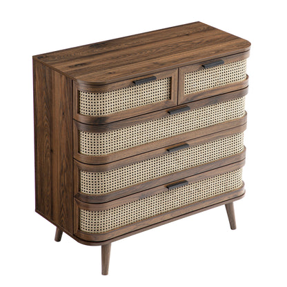 Commode 5 tiroirs en rotin courbé Izzy, noyer