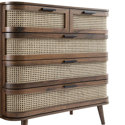 Commode 5 tiroirs en rotin courbé Izzy, noyer