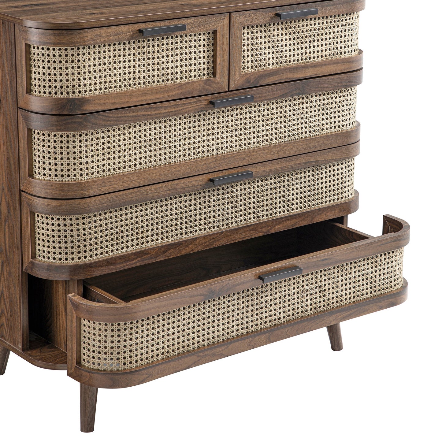 Commode 5 tiroirs en rotin courbé Izzy, noyer