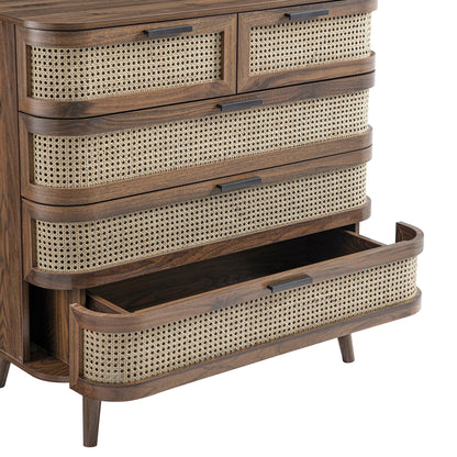 Commode 5 tiroirs en rotin courbé Izzy, noyer