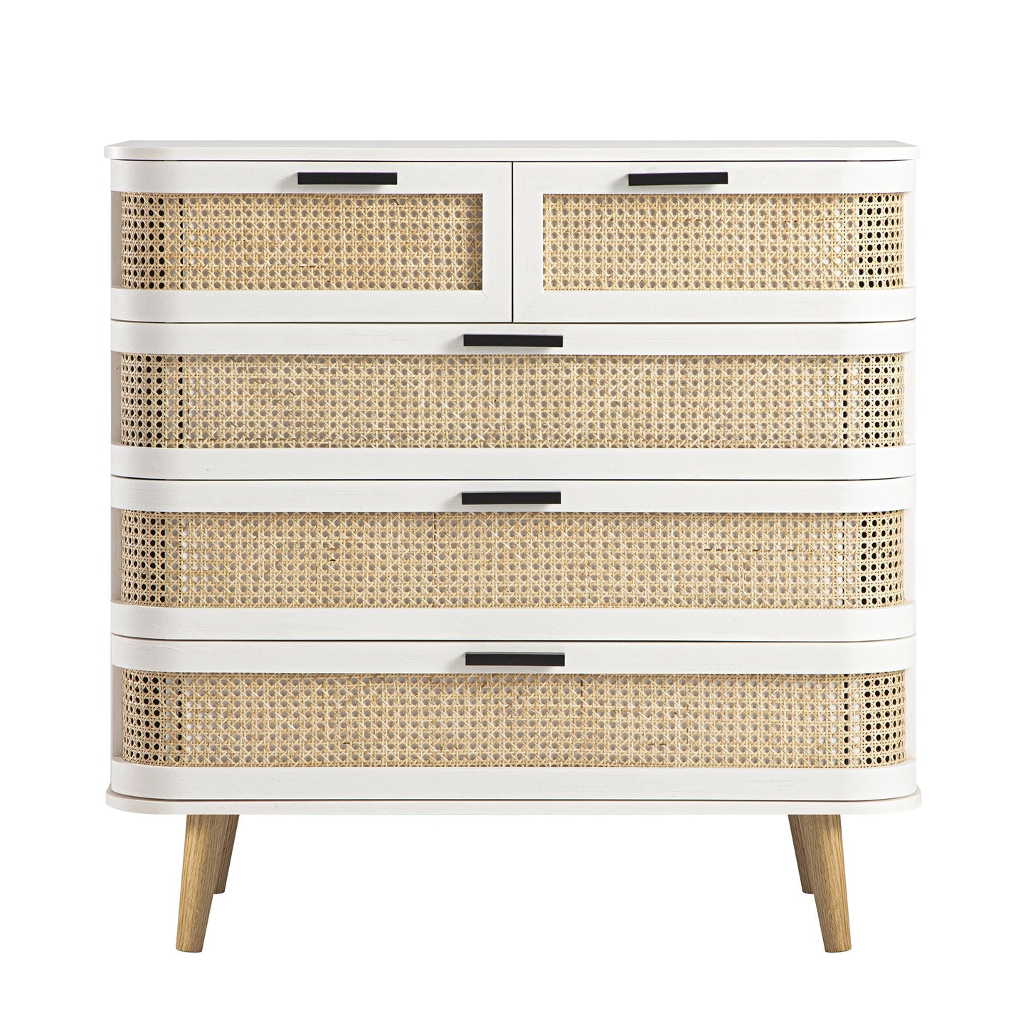 Commode 5 tiroirs Izzy en rotin courbé, blanche