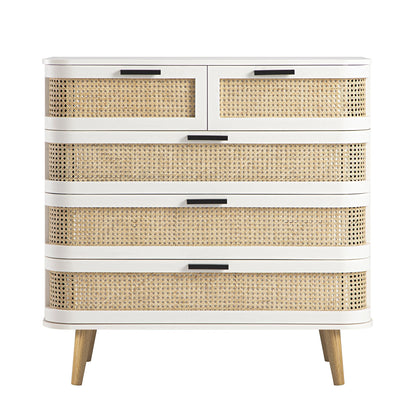 Commode 5 tiroirs Izzy en rotin courbé, blanche