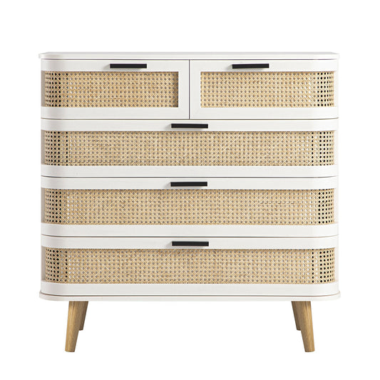 Commode 5 tiroirs Izzy en rotin courbé, blanche