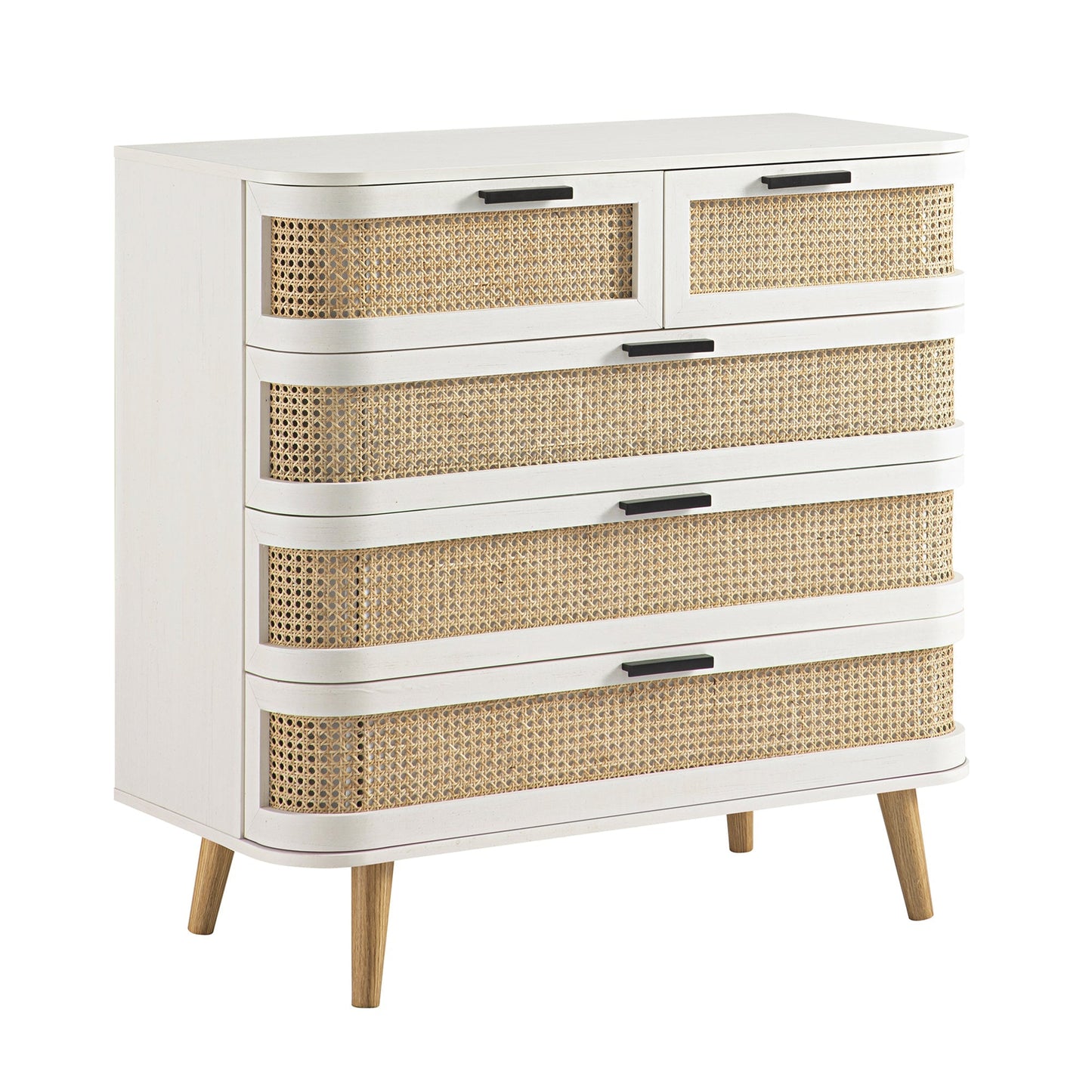 Commode 5 tiroirs Izzy en rotin courbé, blanche
