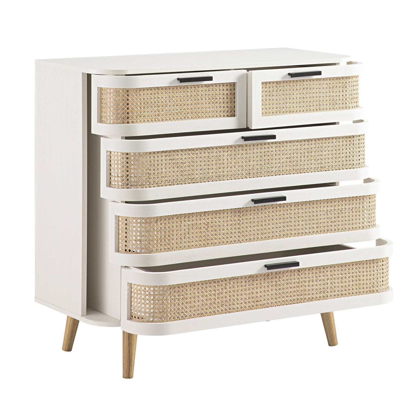 Commode 5 tiroirs Izzy en rotin courbé, blanche