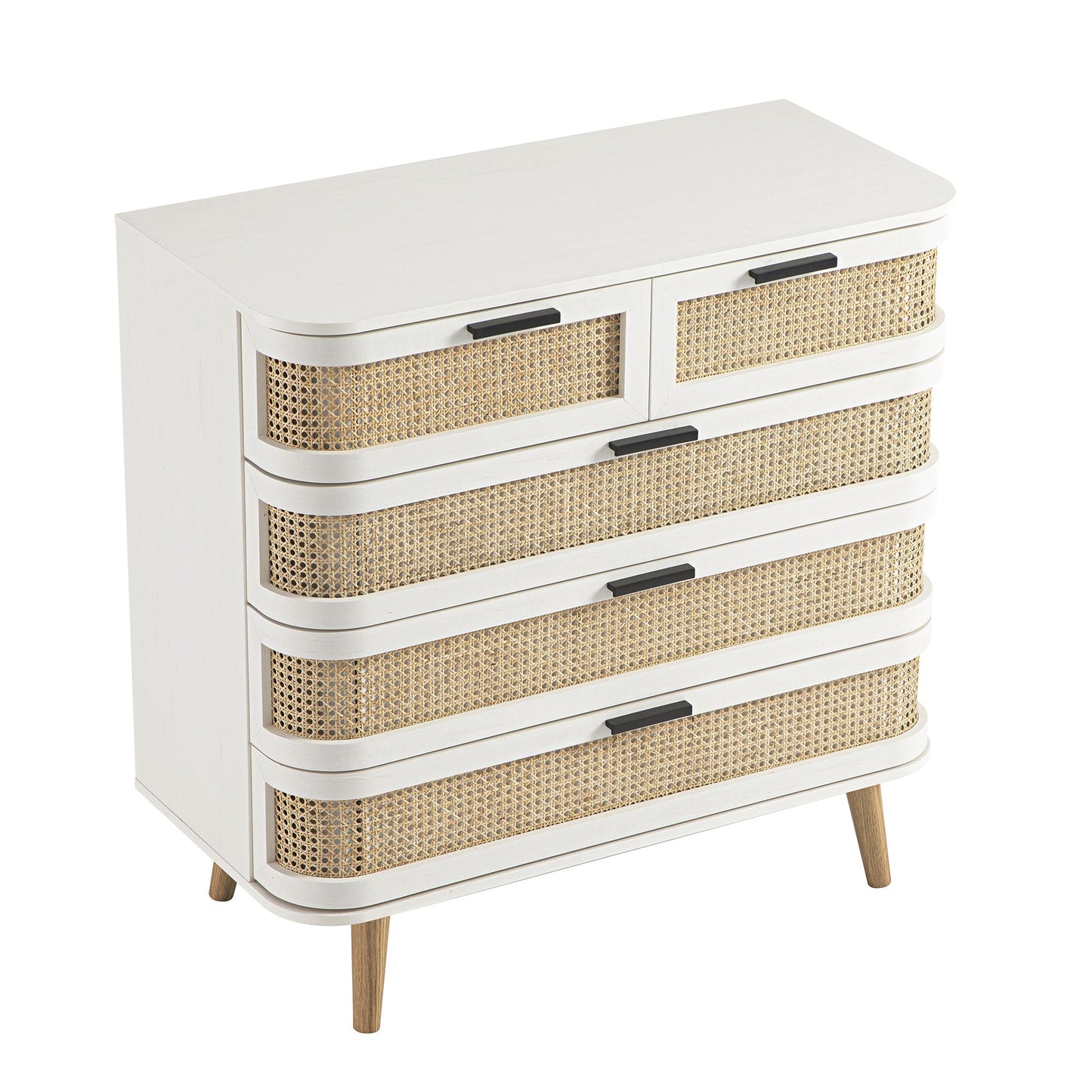 Commode 5 tiroirs Izzy en rotin courbé, blanche