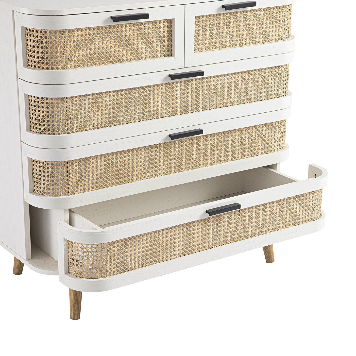 Commode 5 tiroirs Izzy en rotin courbé, blanche