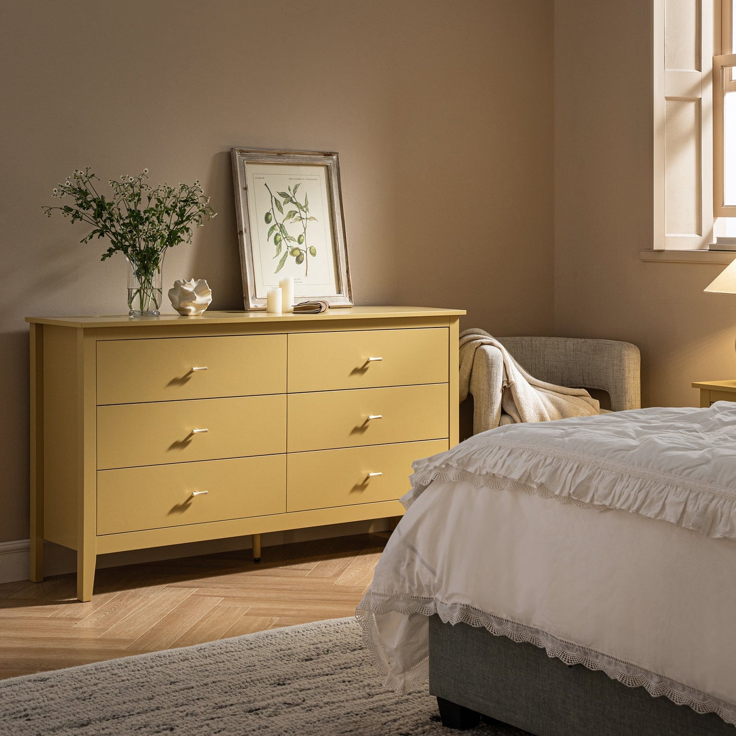 Commode 6 tiroirs Oakham, rotin jaune