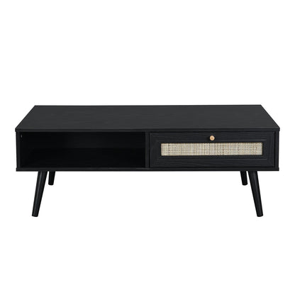Table basse en rotin tressé Frances en bois noir