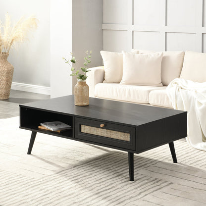 Table basse en rotin tressé Frances en bois noir