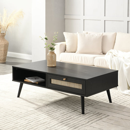 Table basse en rotin tressé Frances en bois noir