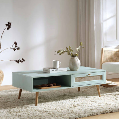 Table basse en rotin tressé Frances en bois couleur menthe