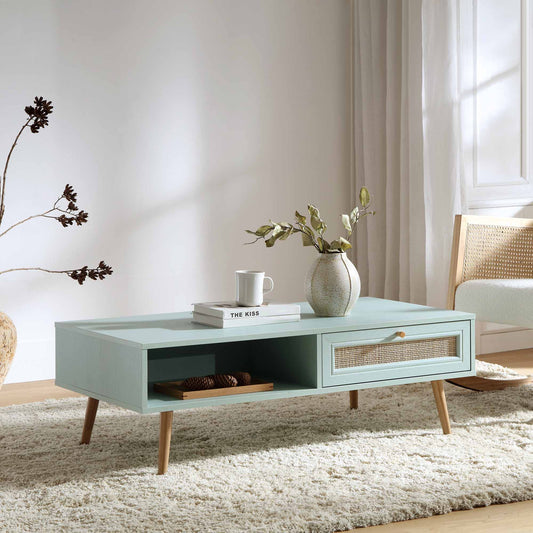 Table basse en rotin tressé Frances en bois couleur menthe