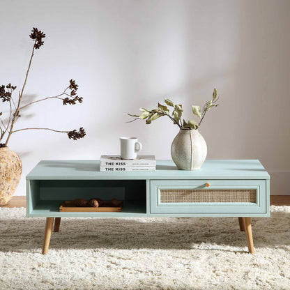 Table basse en rotin tressé Frances en bois couleur menthe
