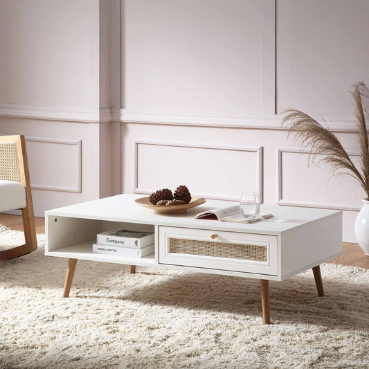 Table basse en bois et rotin tressé Frances, blanche