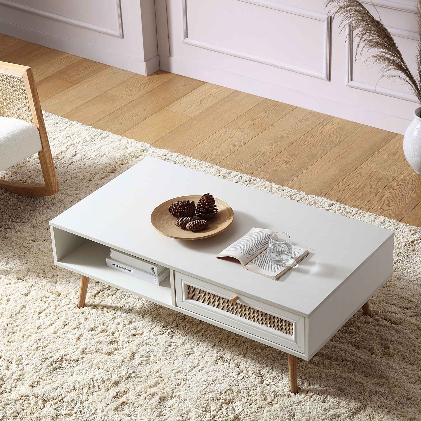 Table basse en bois et rotin tressé Frances, blanche