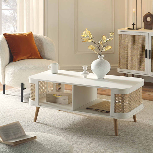 Table basse courbée en rotin Izzy, blanche