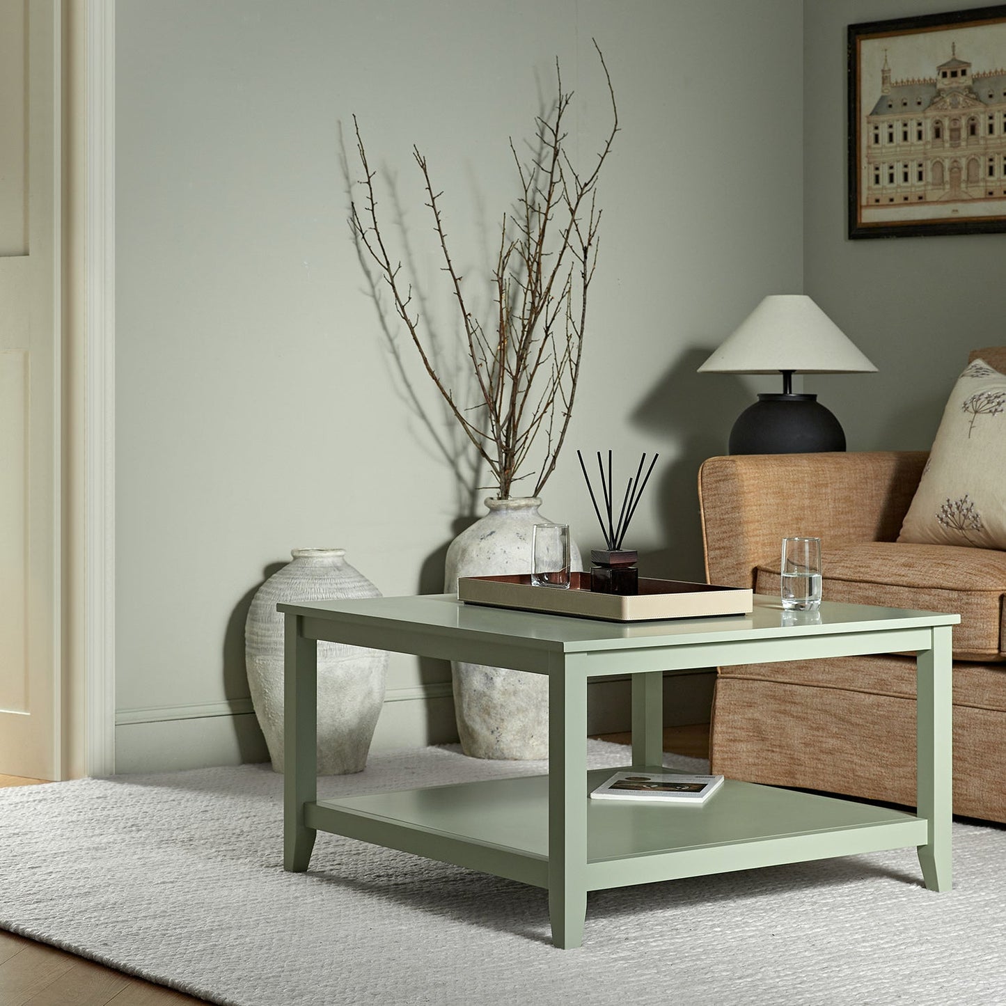 Table basse carrée Oakham 32, sauge du désert