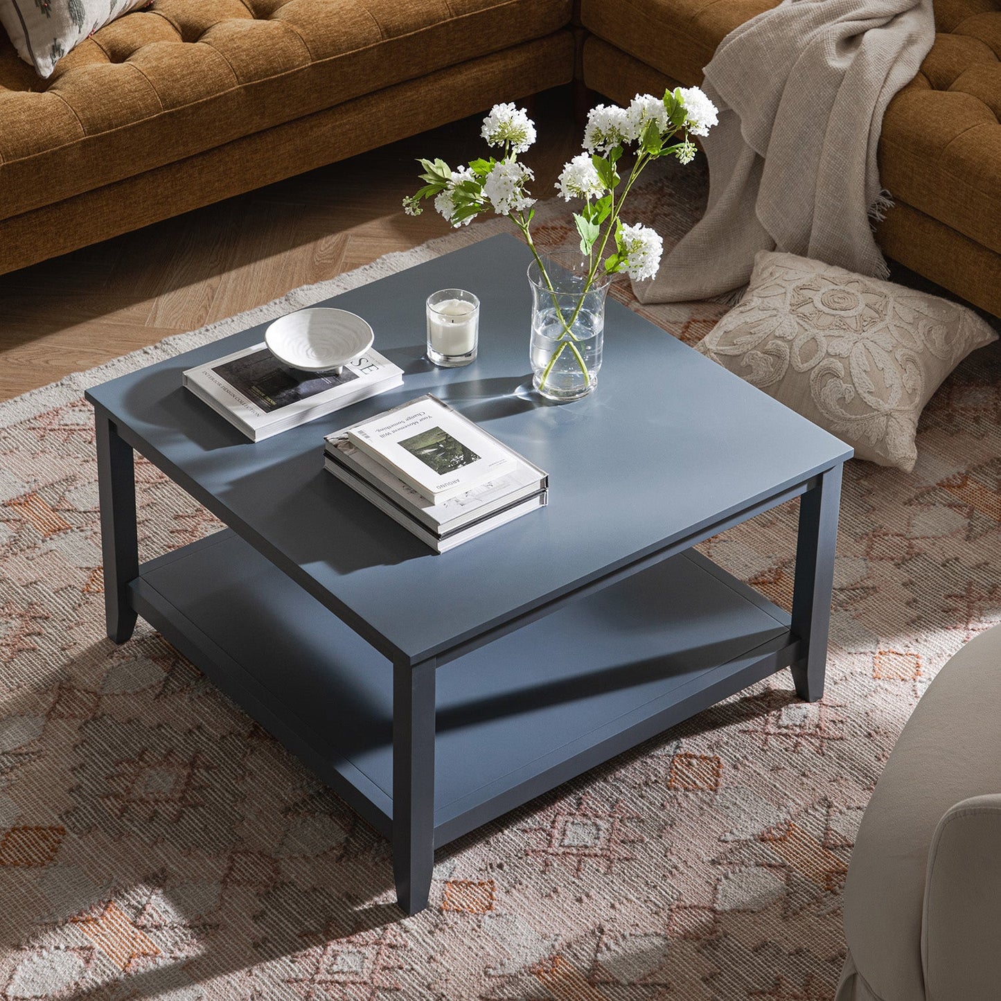 Table basse carrée Oakham 32, bleu orage