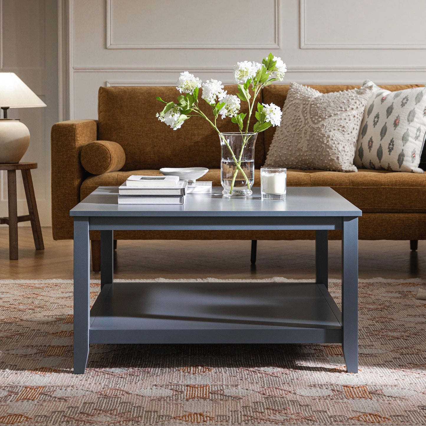 Table basse carrée Oakham 32, bleu orage