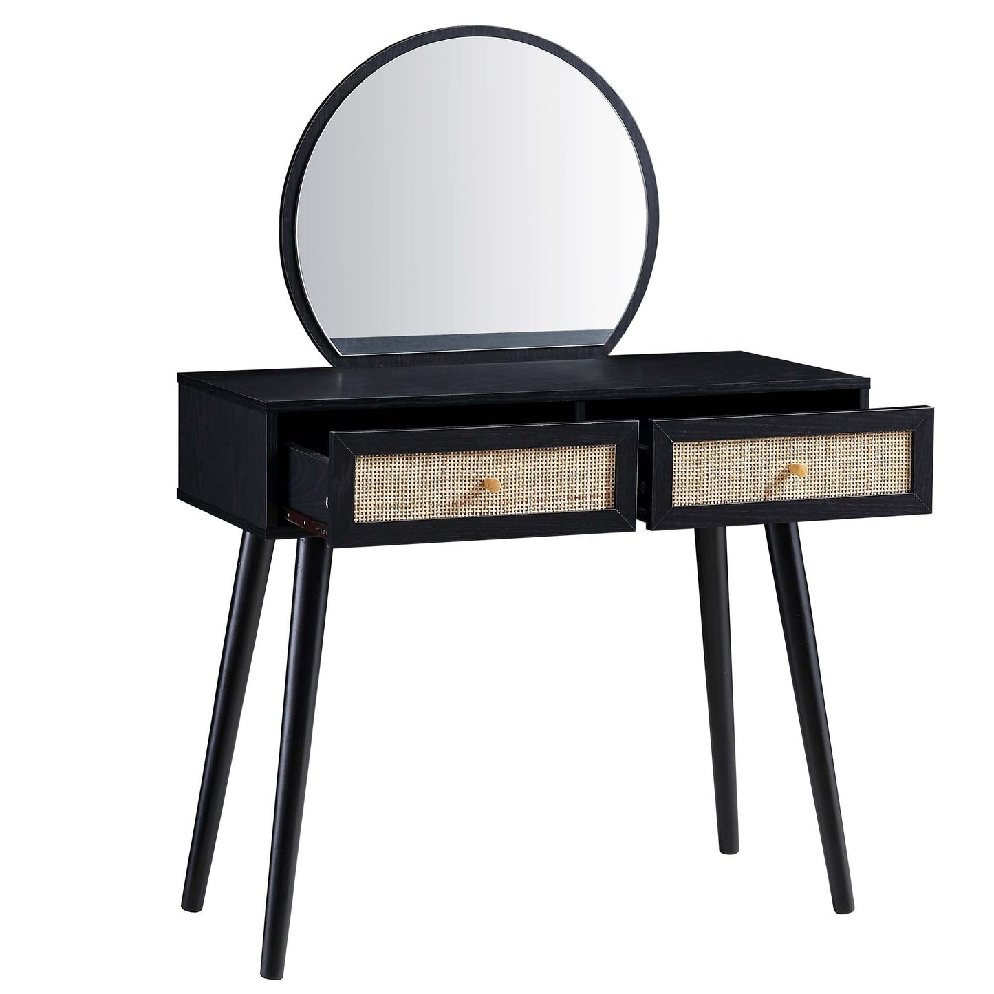 Coiffeuse en rotin tressé Frances avec miroir, noire