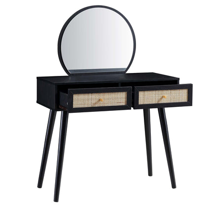 Coiffeuse en rotin tressé Frances avec miroir, noire
