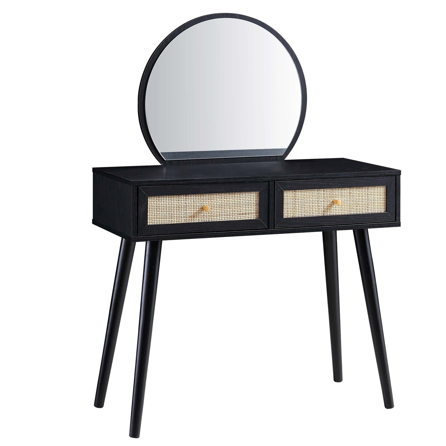 Coiffeuse en rotin tressé Frances avec miroir, noire