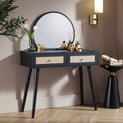 Coiffeuse en rotin tressé Frances avec miroir, noire