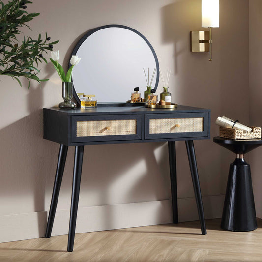 Coiffeuse en rotin tressé Frances avec miroir, noire