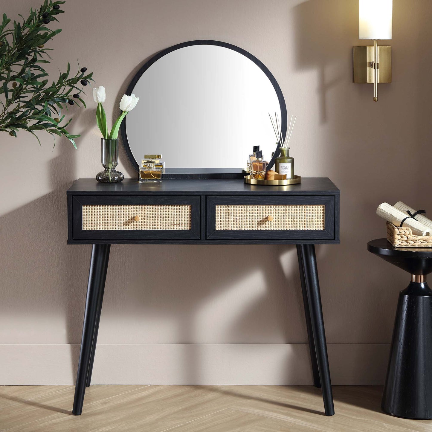 Coiffeuse en rotin tressé Frances avec miroir, noire