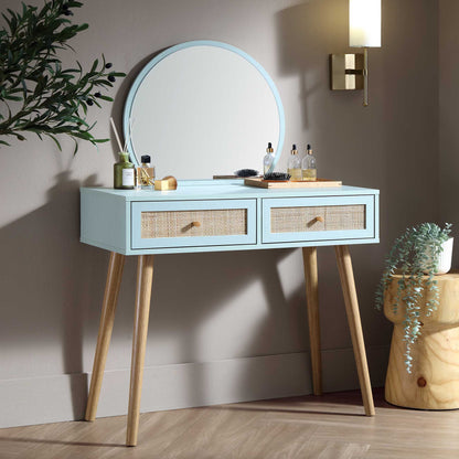 Coiffeuse en rotin tressé Frances avec miroir, menthe