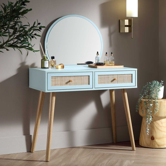 Coiffeuse en rotin tressé Frances avec miroir, menthe
