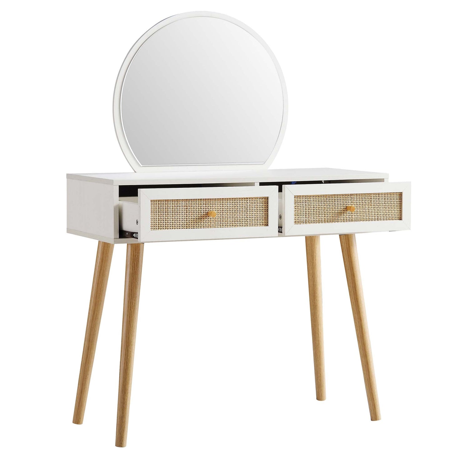 Coiffeuse en rotin tressé Frances avec miroir, blanche
