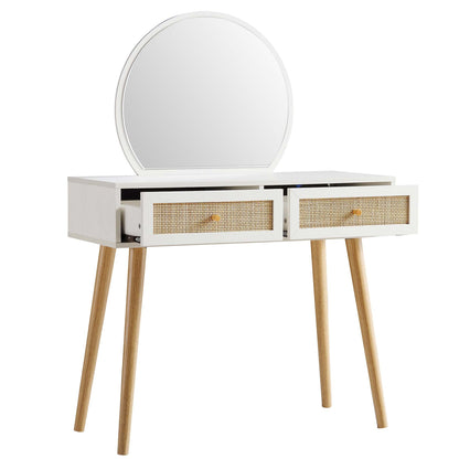 Coiffeuse en rotin tressé Frances avec miroir, blanche