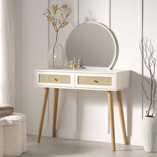 Coiffeuse en rotin tressé Frances avec miroir, blanche