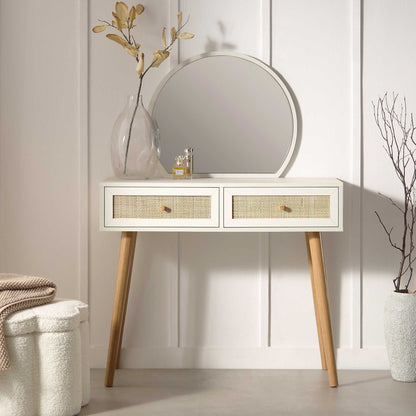 Coiffeuse en rotin tressé Frances avec miroir, blanche
