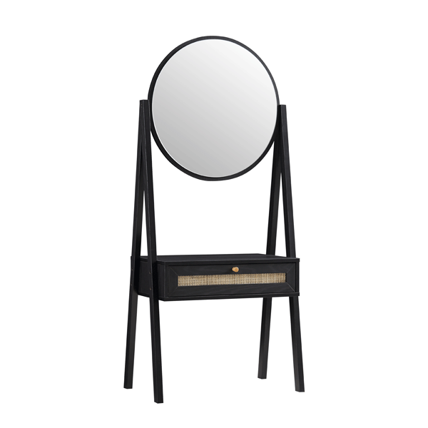 Coiffeuse en rotin tressé Frances avec miroir, noire