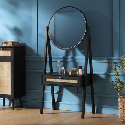 Coiffeuse en rotin tressé Frances avec miroir, noire