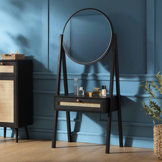 Coiffeuse en rotin tressé Frances avec miroir, noire