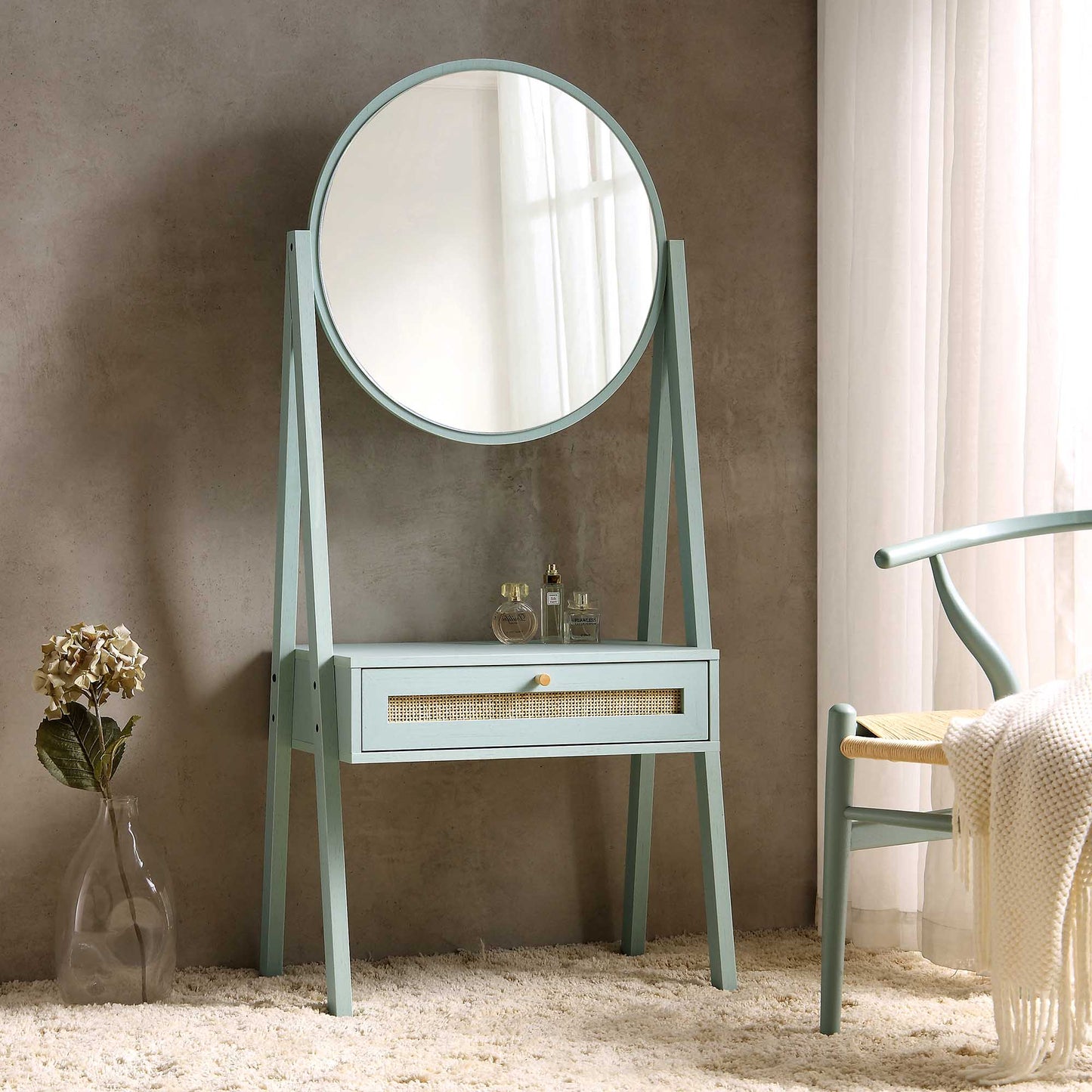 Coiffeuse en rotin tressé Frances avec miroir, menthe