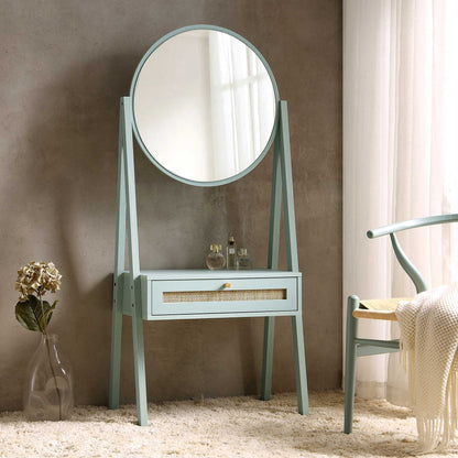 Coiffeuse en rotin tressé Frances avec miroir, menthe