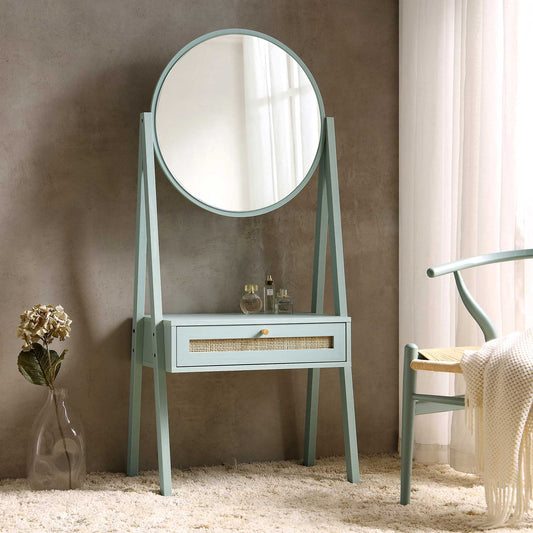 Coiffeuse en rotin tressé Frances avec miroir, menthe