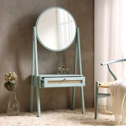 Coiffeuse en rotin tressé Frances avec miroir, menthe