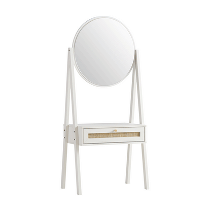 Coiffeuse sur pied en rotin tressé Frances avec miroir, blanche