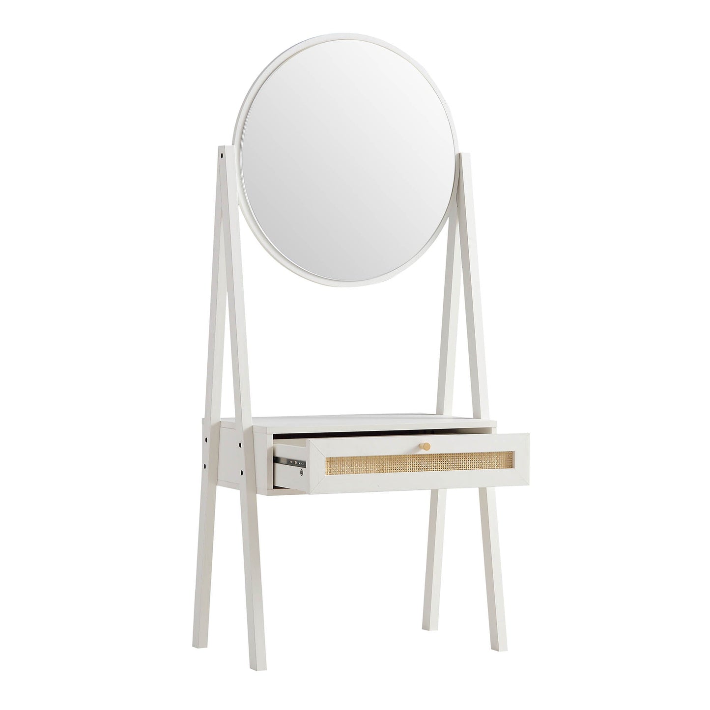 Coiffeuse sur pied en rotin tressé Frances avec miroir, blanche