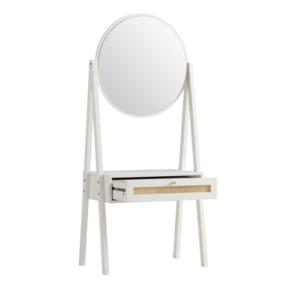 Coiffeuse sur pied en rotin tressé Frances avec miroir, blanche