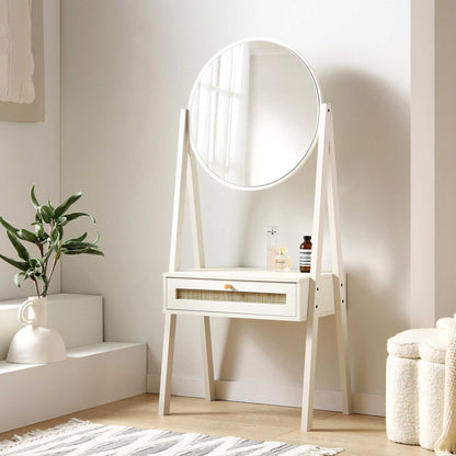 Coiffeuse sur pied en rotin tressé Frances avec miroir, blanche