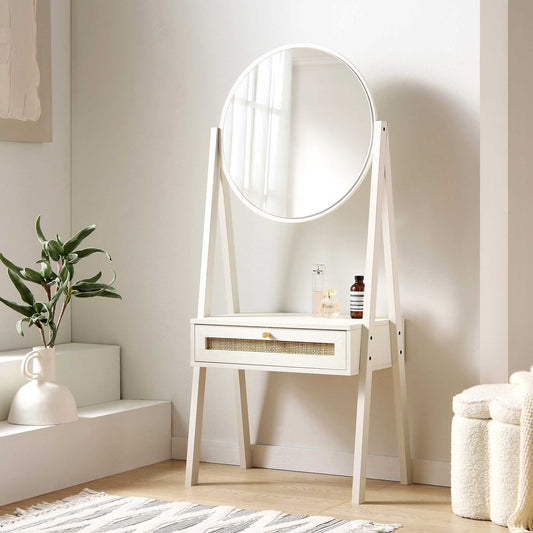 Coiffeuse sur pied en rotin tressé Frances avec miroir, blanche