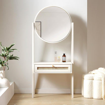 Coiffeuse sur pied en rotin tressé Frances avec miroir, blanche