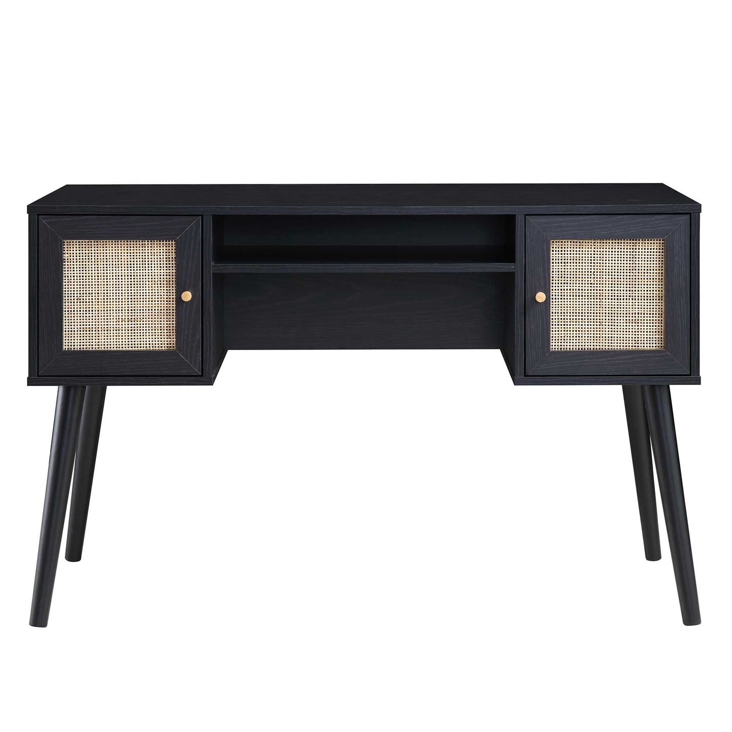 Bureau 2 portes en rotin tressé Frances, noir